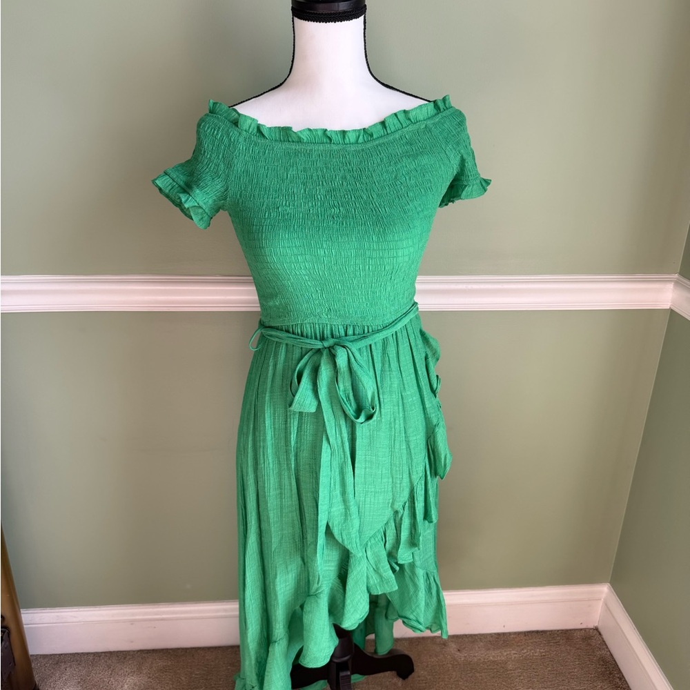 Green Asymmetrical Ruffled Midi Sundress